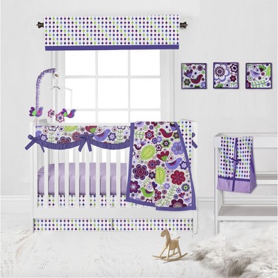 Bacati - Botanical Floral Birds Purple Multicolor 10 pc Crib Bedding Set with Long Rail Guard Cover