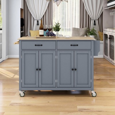 Rolling Kitchen Island Cart, with Wood Desktop, Cabinet and Drawers, Spice Rack, Towel Rack, Wine Rack, for Kitchen, Dining
