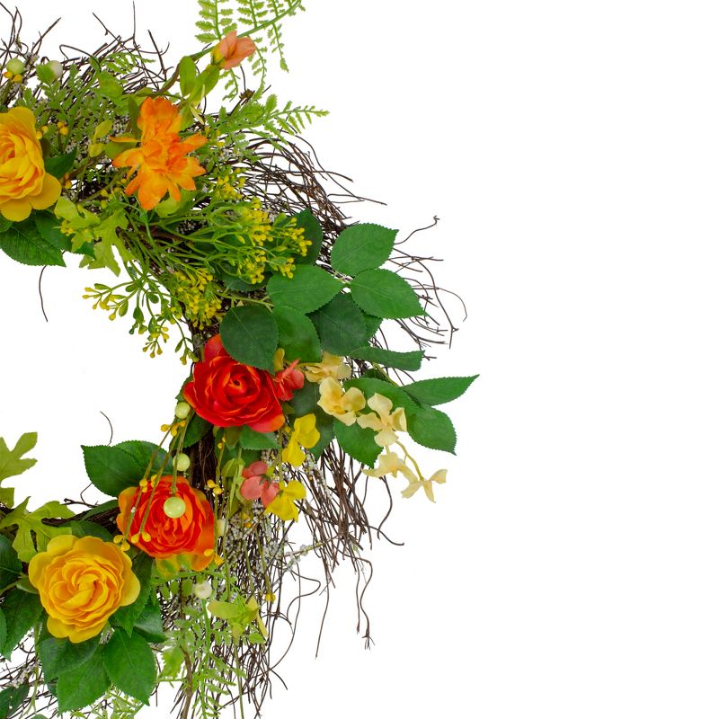 Northlight Ranunculus and Rose Floral Spring Wreath, Orange and Yellow 20", 3 of 5