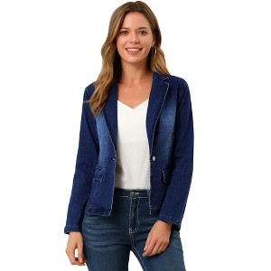 INSPIRE CHIC Women's Notched Lapel Button Up Long Sleeve Washed Denim Blazer - 1 of 4