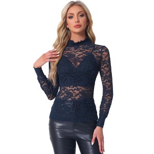 INSPIRE CHIC Women's See-Through Stretch Smocked High-Neck Long-Sleeve Lace Floral Blouse - 1 of 4