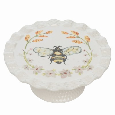 Transpac Dolomite 8" White Spring Honey Bee Tea Co. Cake Stand