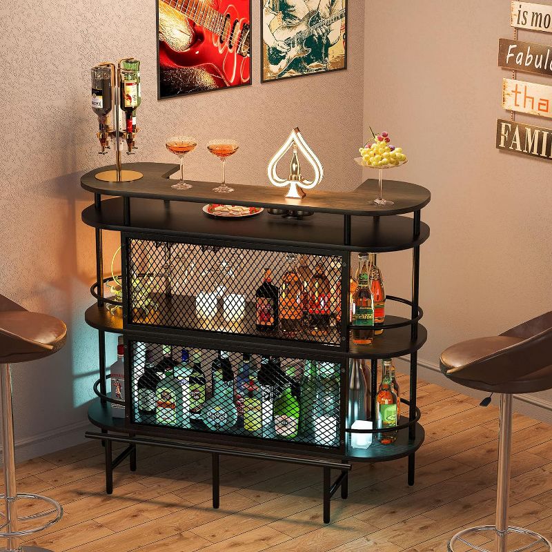 Tribesigns Bar Table with Storage Shelves and Foot Rail, Corner Mini Bar Cabinet with Glasses Holder for Home, Black and Walnut, 2 of 10
