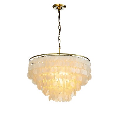 ALOADECOR Unique/Statement Coastal Natural Capiz Shell Round Tiered Chandelier