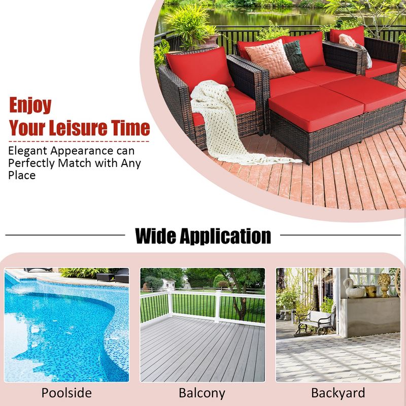 Costway 5PCS Patio Rattan Furniture Set Loveseat Sofa Ottoman Cushioned Red\White, 5 of 11