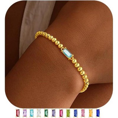 Dainty Birthstone Bracelet for Women - Elastic 14K Gold Plated Bead Bracelets Trendy Friendship Birthday Jewelry Gifts for Women
