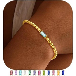 Dainty Birthstone Bracelet for Women - Elastic 14K Gold Plated Bead Bracelets Trendy Friendship Birthday Jewelry Gifts for Women - 1 of 4