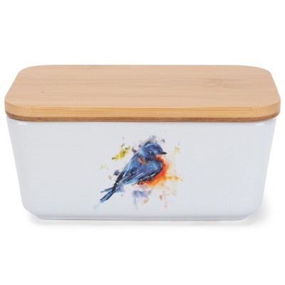 Nat & Jules Dean Crouser Bluebird Watercolor White 6.5 x 4 Ceramic and Bamboo Butter Dish