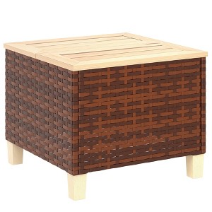 Outsunny PE Rattan Outdoor Side Table, Patio End Table with Wood Top, Brown - 1 of 4