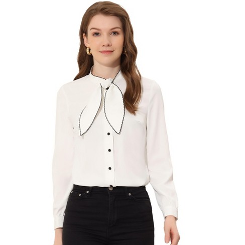 Allegra K Women's Elegant Bow Tie Neck Work Long Sleeve Button Front Shirt  White Large