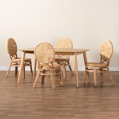 Natural Brown Rattan 5-Piece Dining Set with 4 Chairs