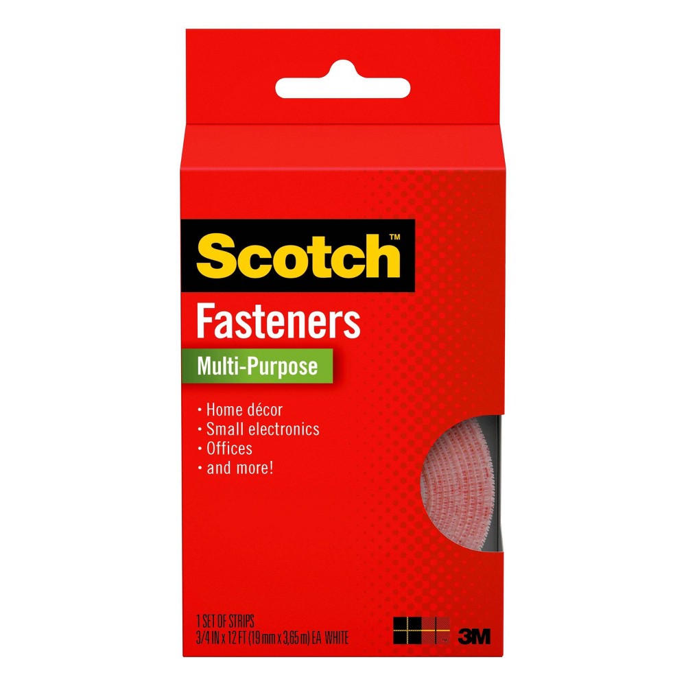Scotch Multi-Purpose Fasteners - White When you need an undetectable, strong and permanent hold, reach for Scotch Indoor Fasteners. These clever, hook and loop fasteners are ideal for mounting remotes, keeping your floor rugs from slipping, and your seat cushions in place. They're so easy to use­ and hold up to 3 pounds–no tools needed. So whether you're hanging a key rail in your entryway or just need to ensure little feet don't slip on your rug, rely on the stabilizing power of Scotch Indoor Fasteners. -Delivers a strong bond on contact -Holds up to 3 lbs./1 lb. per 1  -Lasts up to 10,000 closures -Easy-to-apply design with no mess or tools -Liner peels back to expose strong adhesive -Ideal for use on finished/painted surfaces, bare metal, glass, plastic and more Ensure your surface is clean and dry for the best bond -Size: 3/4 in. x 12 ft. -Color: White -Manufacturer part number: RF7070-ALT