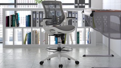 Black Mesh and Graphite Silver Drafting Chair with Adjustable Arms