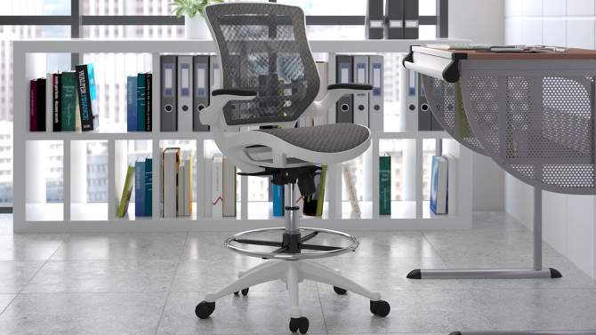 Emma and Oliver Mid-Back Transparent Mesh Drafting Chair with Flip-Up Arms, 2 of 15, play video