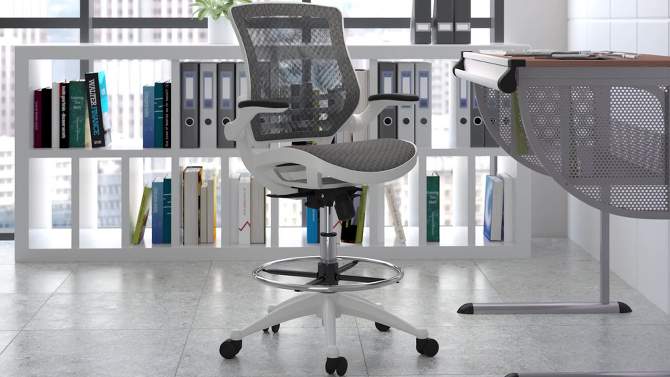 Emma and Oliver Mid-Back Transparent Mesh Drafting Chair with Flip-Up Arms, 2 of 14, play video