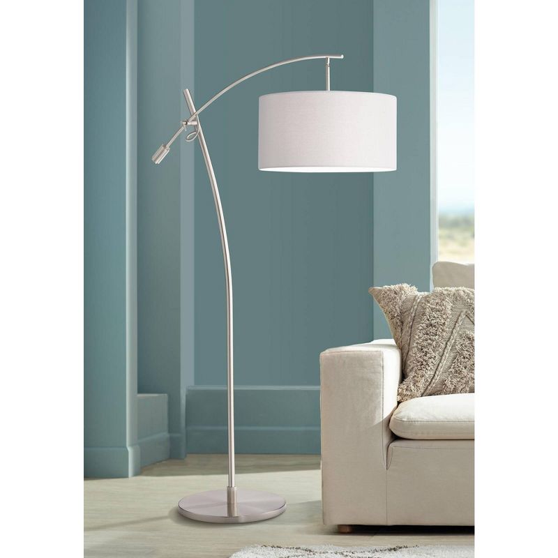 Possini Euro Design Modern Arc Floor Lamp 69" Tall Brushed Steel Adjustable Boom Off White Linen Drum Shade for Living Room Reading Office, 2 of 10