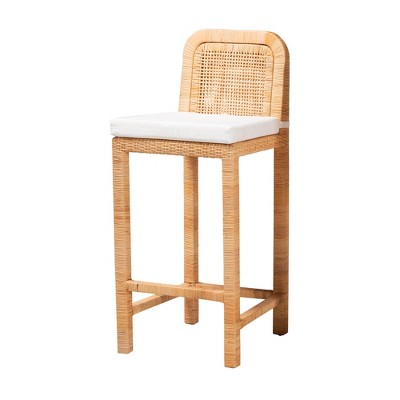 Natural Brown Rattan and Mahogany Wood Bar Stool with White Cushion