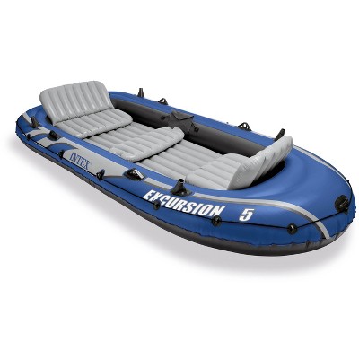 Intex Excursion 5 Person Inflatable Heavy Duty Rafting and Fishing Boat Set with 2 Oars, High Output Air Pump, and Carry Bag for Lakes and Mild Rivers