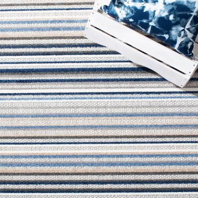 Grey and Blue Geometric Striped Indoor/Outdoor Runner Rug