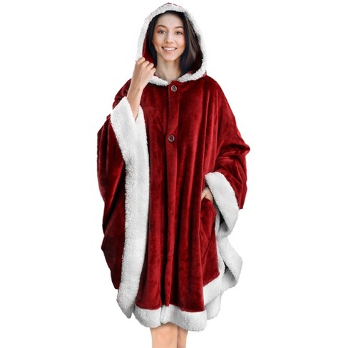 PAVILIA Angel Wrap Hooded Blanket for Women Adult Wearable Cozy Wrap Throw Fleece Shawl Cape Dark Red Fleece