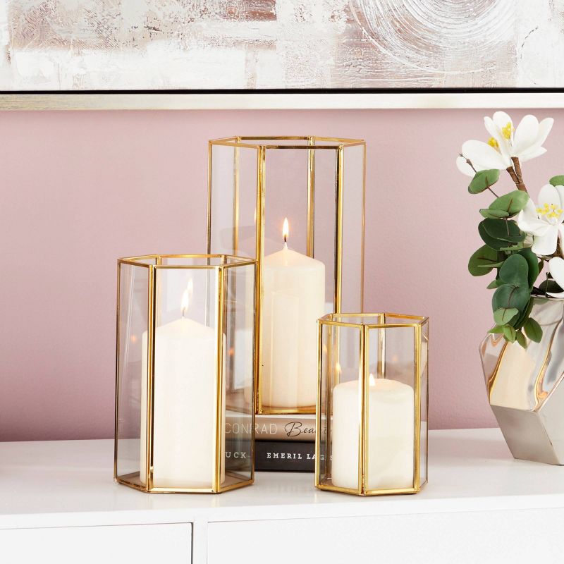 Set of 3 Modern Metal and Glass Candle Holders with Hexagon Silhouettes Gold - CosmoLiving by Cosmopolitan, 6 of 22