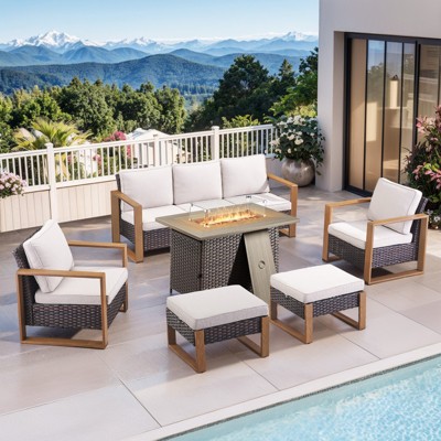 Buenhomino Patio Furniture Set with Fire Pit Table, 6PCS Patio Conversation Set Wicker Patio Chair Sofa Ottoman with 41in Rectangular Fire Table