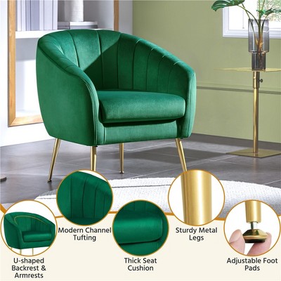 Green Velvet Barrel Accent Armchairs with Gold Metal Legs, Set of 2