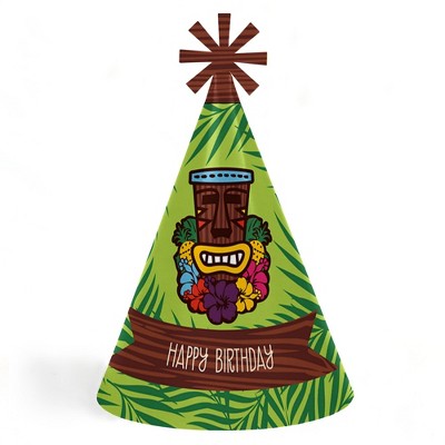 Big Dot of Happiness Tiki Luau - Cone Tropical Hawaiian Summer Happy Birthday Party Hats for Kids and Adults - Set of 8 (Standard Size)