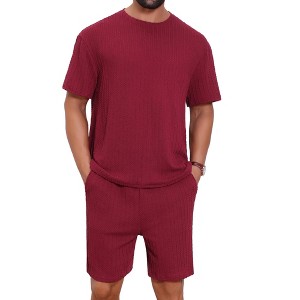 INSPIRE CHIC Men's Casual Texture Crew Neck Solid Shirt Top and Shorts 2 Piece Outfits - 1 of 4