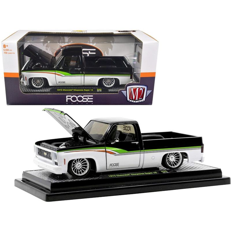 1973 Chevrolet Cheyenne Super 10 Pickup Truck Black and Bright White with Stripes Ltd Ed 1/24 Diecast Model Car by M2 Machines, 1 of 4