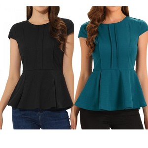 INSPIRE CHIC Women's Elegant Round Neck Cap Sleeve Solid Color Peplum Blouses 2 Packs - 1 of 4