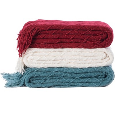 Blue Chevron Pattern Knit Throw Blanket with Fringe