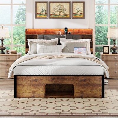 LOVMOR Full Queen King Size Platform Bed Frame with LED Lights, Charging Station, No Box Spring Needed, Easy Assemble