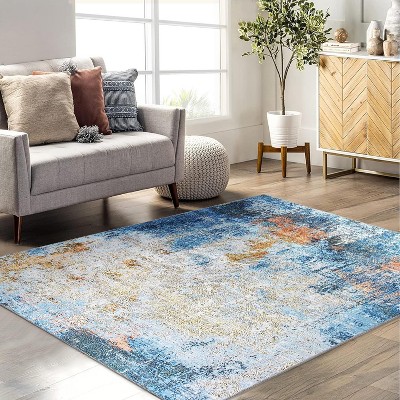 2'x6' Large Modern Abstract Rug, Machine Washable, Non-Slip, Stain Resistant, Ideal for Living Room, Dining, Office, Bedroom, Blue/Red