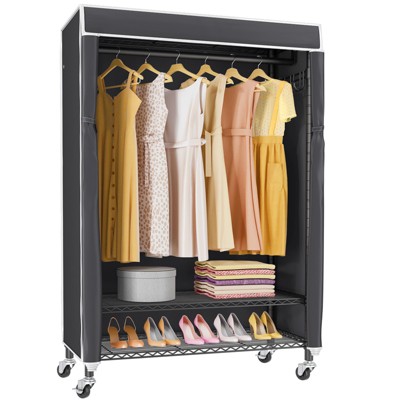 Black Portable Rolling Clothes Rack with Gray Cover