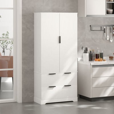 Vynxaria 72" Fluted Kitchen Pantry Cabinet with 2 Drawers & 8-Door Spice Rack, Freestanding Storage Organizer for Bathroom, Dining Room, Office, White