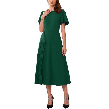 chic lady dresses INSPIRE Women Ruffle Front Side Slit Crew Neck Short Sleeve Midi Cocktail Formal XX-Large Dark Green Final Call Export