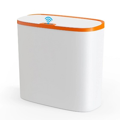 LunaLulinlk Automatic Sensor Trash Can: 3.7 Gallon Plastic Garbage Bins, 14L Waterproof Touchless Slimline Wastebasket White with Orange Trim
