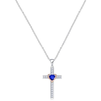 Molenia Birthstone Cross Necklace for Women, 925 Sterling Silver Heart Cross Pendant Necklace Fine Cross Jewelry Birthday Gifts for Her 18"+2" Inches