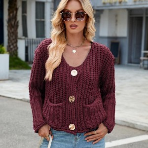 Women's Cardigan Button Sweater Fit Long Sleeve V-Neck Pocket Chunky Knit Sweater - 1 of 4
