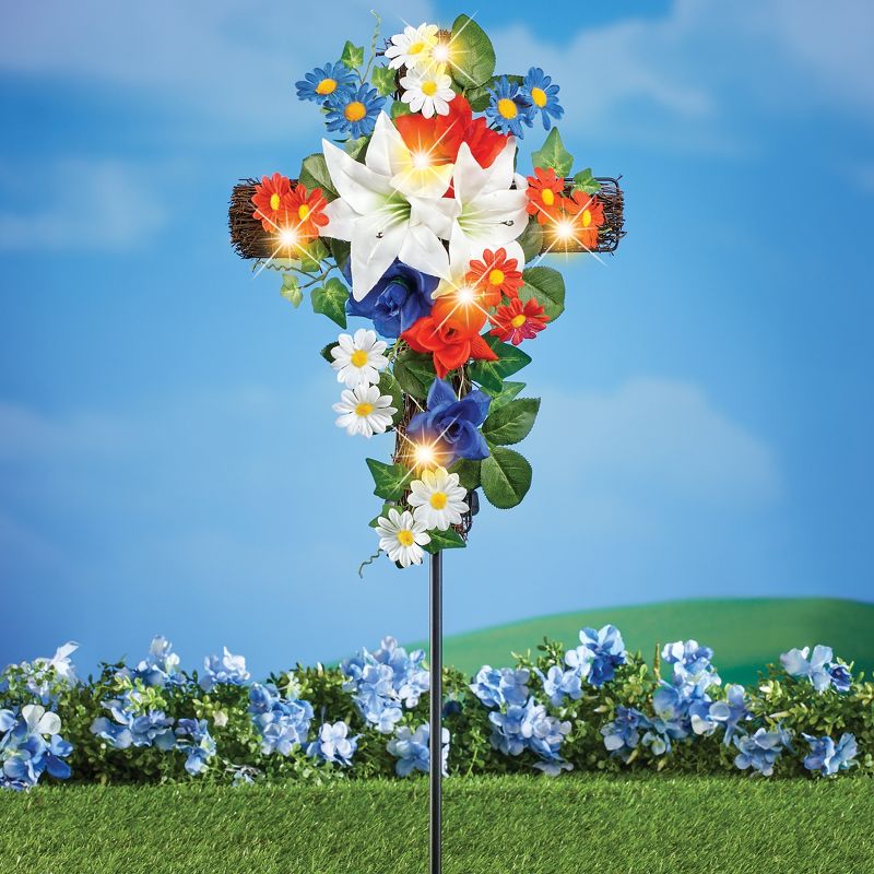 Collections Etc Patriotic Solar Powered Floral Cross Garden Stake 12 X 4.5 X 32, 2 of 3