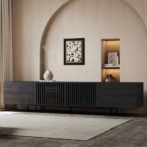 Luck Live 94.48" Black Modern TV Stand with Adjustable Shelves, Soft-Close Hinges & Cable Holes, Metal Legs for Home Living - 1 of 4