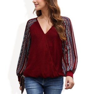 Anna-Kaci Women's Boho Waffle Knit Surplice Top with Patterned Long Sleeves - Medium, Burgundy - 1 of 4