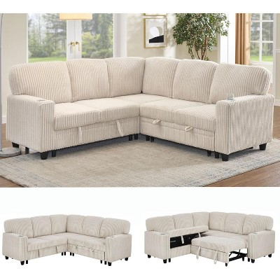 81" Convertible Corduroy Couch 5-Seat L-Shape Sofa Bed Sleeper Couch with Storage USB-C Cup Holders Memory Foam for Living Room