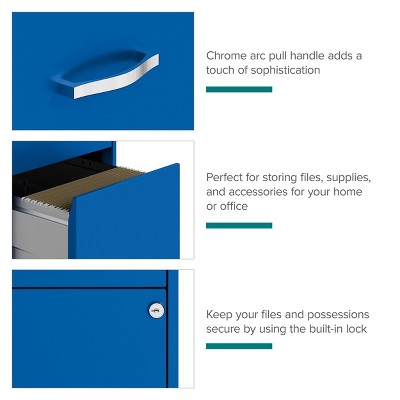 Compact Blue Steel 3-Drawer Mobile File Cabinet with Lock