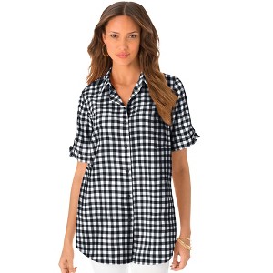 Roaman's Women's Plus Size French Check Big Shirt - 1 of 4
