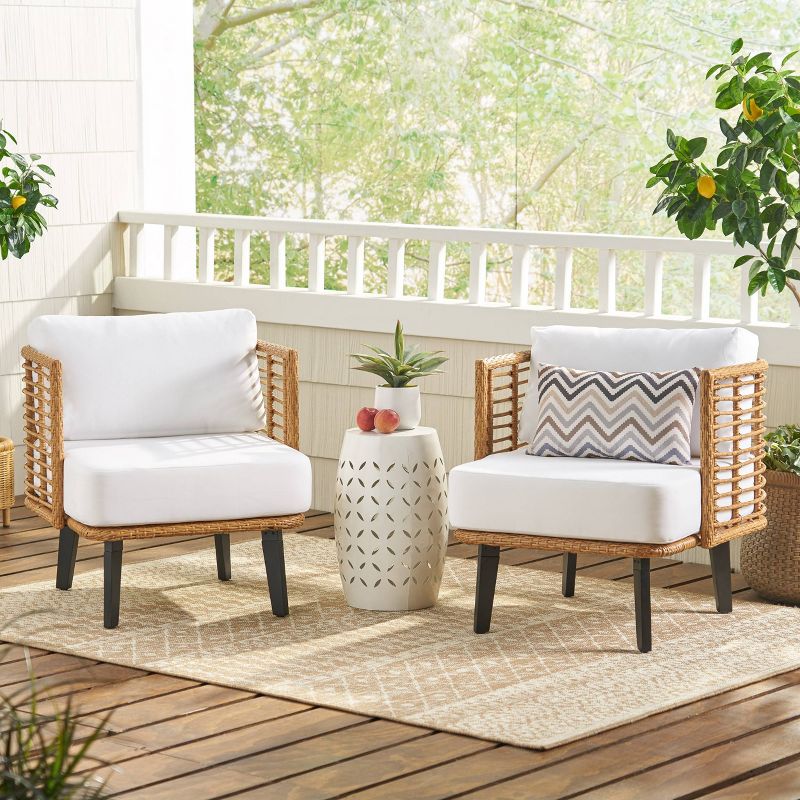 Nic 2pk Outdoor Wicker Club Chairs with Cushions - Light Brown/White - Christopher Knight Home, 3 of 12