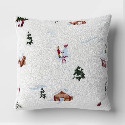 Embroidered Winter Scene Faux Shearling Square Throw Pillow White Threshold