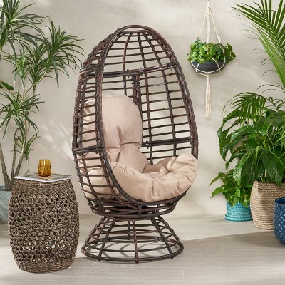 Coolbibila 1-Piece Outdoor Wicker Swivel Egg Chair With Cushion,Patio Polyethylene Rattan Weaving Basket Shaped Lounge Chair With Iron Frame