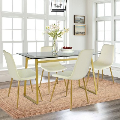 Mona+Bingo 5 Piece Gold Rectangular Clear Tempered Transparent Glass Table with 4 Upholstered Side Chairs-Maison Boucle